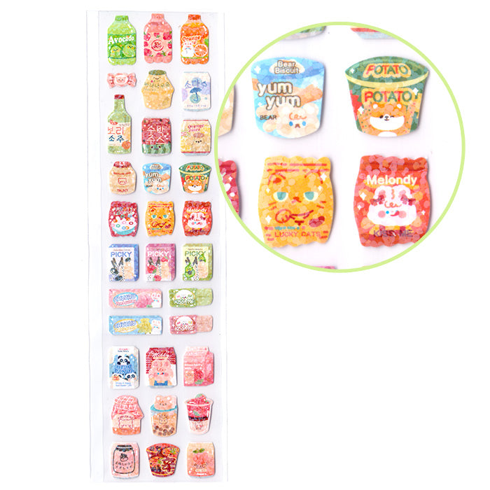 Cute Animals and Dessert Foods Sparkly Sticker Sheet