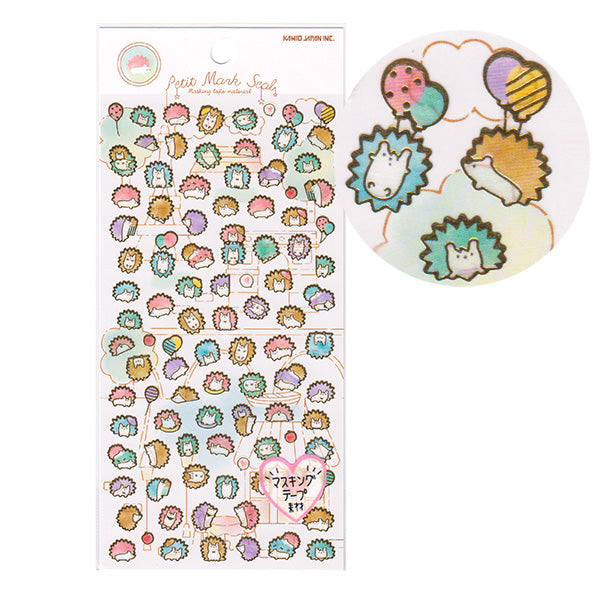 Kamio : Kawaii Hedgehog Sticker Sheet! Washi Paper Micro Stickers with Gold Accents