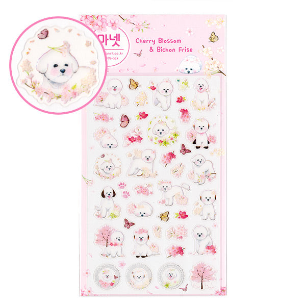 Cherry Blossom and Bichon Frise Dogs Sticker Sheet