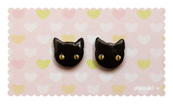 Kawaii Black Kitty Cat Hand-sculpted Stud Earrings
