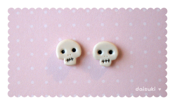 White Skull Stud Earrings - Hand-Sculpted! Halloween