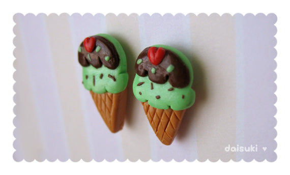 Mint choc-chip Ice Cream Handmade Stud Earrings