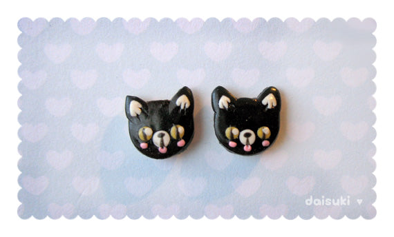 Cute Black Kitty Cats Hand-sculpted Stud Earrings