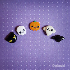  Kawaii Halloween Set of 5 Earrings - Cute Black Cat, Ghost, Pumpkin, Bat & Skull!