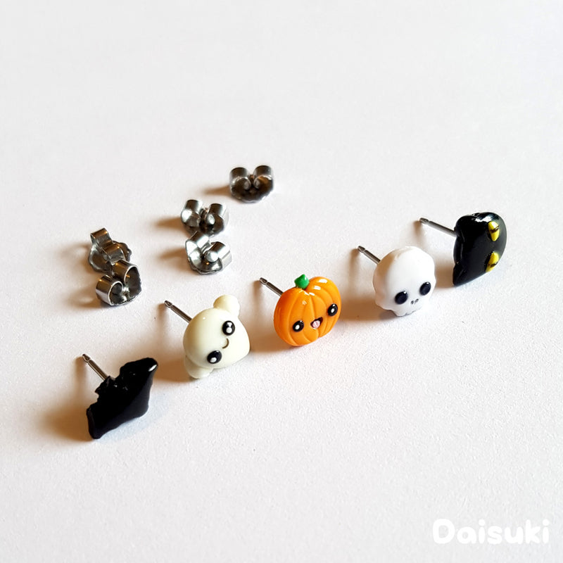  Kawaii Halloween Set of 5 Earrings - Cute Black Cat, Ghost, Pumpkin, Bat & Skull!