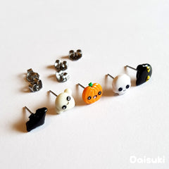  Kawaii Halloween Set of 5 Earrings - Cute Black Cat, Ghost, Pumpkin, Bat & Skull!