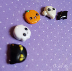  Kawaii Halloween Set of 5 Earrings - Cute Black Cat, Ghost, Pumpkin, Bat & Skull!