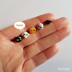  Kawaii Halloween Set of 5 Earrings - Cute Black Cat, Ghost, Pumpkin, Bat & Skull!