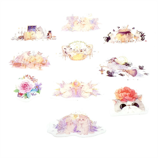 Sticker flakes - #047 - Magical Cats Masking / Washi Stickers - Set of 10